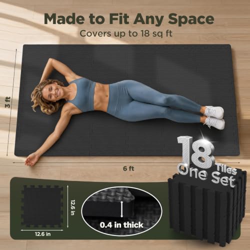 AIRHOP 18 PCS Gym Floor Mat, EVA Foam Puzzle Gym Mat, High-Density Interlocking Foam Floor Tiles for Home Gym, Play Workout Garage Kitchen Flooring 12.6"x12.6"x0.4"