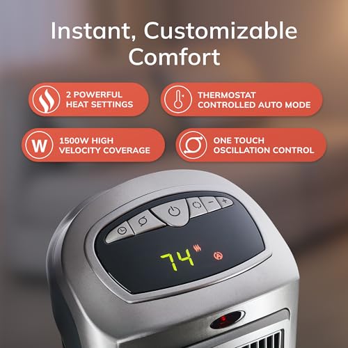 Lasko Oscillating Digital Ceramic Tower Heater for Home with Adjustable Thermostat, Timer and Remote Control, 23 Inches, 1500W, Silver, 755320
