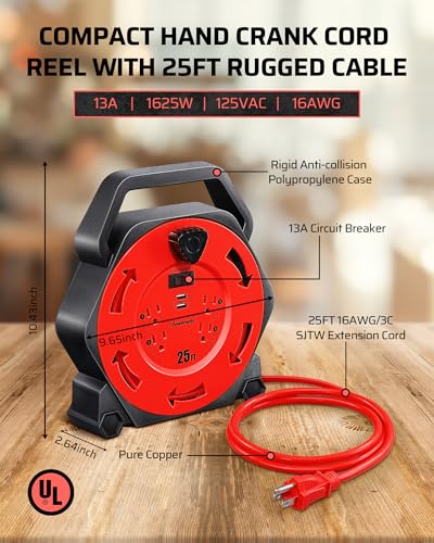 DEWENWILS 25FT Extension Cord Reel, Hand Wind Retractable Cord Reel