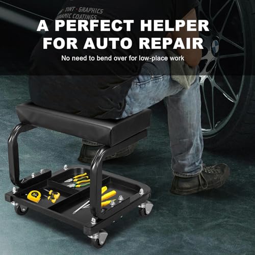 Torin ATR6300B Rolling Creeper Garage/Shop Seat: Padded Mechanic Stool with Tool Tray Storage, Black Large