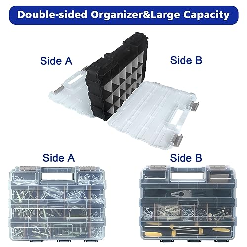 Double Side Tool Box Organizer, Hardware Storage Box, Portable Small Parts Organizer with Removable Plastic Dividers for Screws, Nuts, Nails, Bolts, Grey