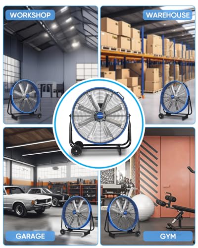 KEN BROWN 24 Inch Industrial Drum Fan, High Velocity Floor Shop Fan, Heavy Duty, 9500 CFM, 8 Blades, 3 Speeds, 360 Degree Tilt, Ideal for Industrial, Commercial, Gym, Garage Use, Blue