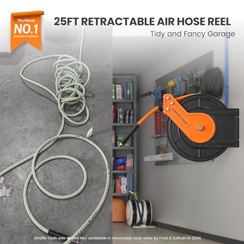Giraffe Tools Retractable Air Hose Reel 25ft 3/8" Hybrid Hose Garage