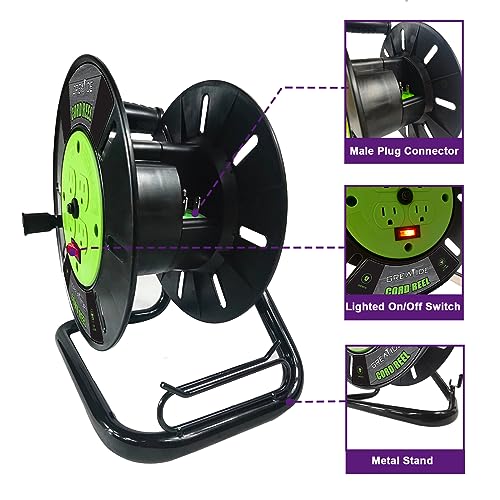GREATIDE Heavy Duty Extension Cord Storage Reel with 4Grounded Outlets, 10A Circuit Breaker, Retractable Hand Wind, Portable Empty Hand Crank Open Cord Reel for 12/3 14/3 16/3 Gauge Power Cord, Green