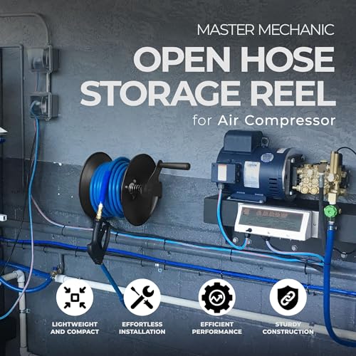 Master Mechanic 3/8" x 100' Lightweight Compact Wall Mount Retractable Powder Coated Steel Air Compressor Open Hose Storage Reel, Black