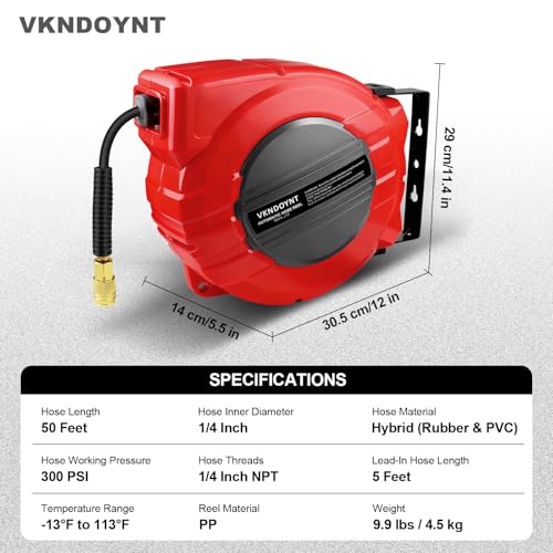 Vkndoynt Retractable Air Hose Reel, 1/4 IN x 50 FT Hybrid Polymer Hose, Auto Rewind, Wall Mount, Dark Gray/Red