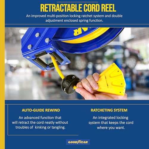 Goodyear Extension Cord Reel Retractable 12AWG x 50' Feet, Steel Single Arm