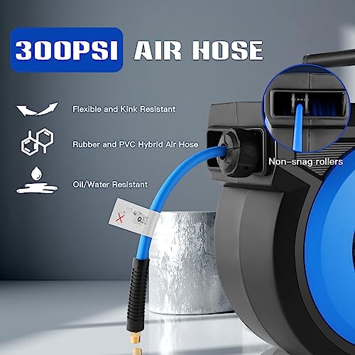 80FT + 6.5FT Retractable Air Hose Reel, Wall Mount Pneumatic Hose Reel for Garage Workshop, Automatic Rewind, 3/8" x 80' Hybrid Air Hose with Brass Fittings + Bend Restrictors, 300PSI