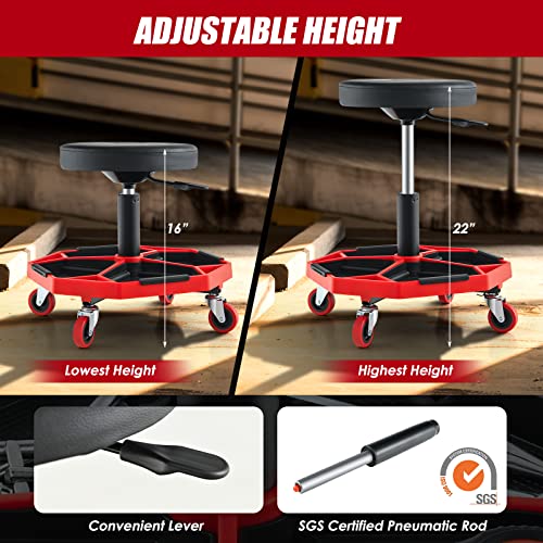 Goplus Rolling Garage Stool, 16”-22” Adjustable Mechanic Stool with Universal Wheels, Removable Magnetic Tool Tray, 2” Thick Padded Cushion, 330LBS Capacity, Roller Creeper Seat, Shop Chair