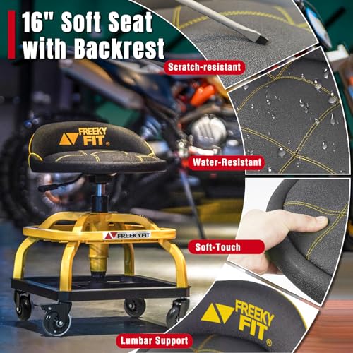 FreekyFit Rolling Shop Stool with Wheels, Garage Work Mechanic Stool with Backrest, Roller Mechanic Chair, Adjustable Height, 360° Swivel, Tool Tray Storage, 330 LBS Capacity, Heavy Duty, Yellow