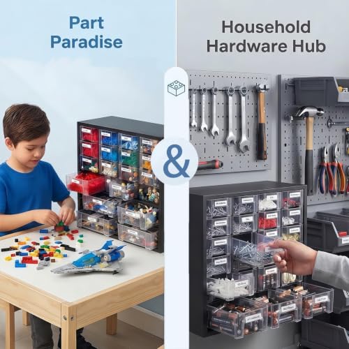 Nut and Bolt Organizer with 24 Clear Drawers, Heavy Duty Metal Hardware Organizer Cabinet, 48 Adjustable Dividers for Screws, Fasteners, Washers & Small Parts, Stackable Wall Mount Storage Cabinet