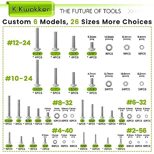 1059Pcs Nuts and Bolts Assortment Kit Phillips Pan Head #2-56#4-40#6-32#8-32#10-24#12-24 Machine Screws, K Kwokker 26 Sizes 304 Stainless Steel Screws Nut and Bolt Assortment with Screw Organizer