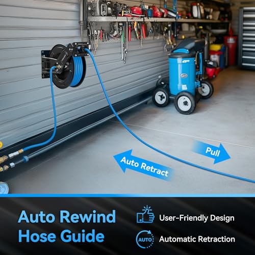 Retractable Air Hose Reel, 50 ft x 3/8 in Hybrid Air Hose (300PSI), Heavy Duty Compressor Hose Reel, Auto Rewind -Wall/Ceiling Mount for Workshops