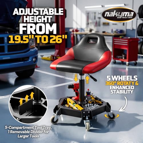 Nakyma Rolling Shop Stool with Wheels, 330 LBS Capacity Garage Stool Mechanic Stool Seat with Backrest and Tool Tray Storage, Pneumatic Work Chair Adjustable Height Mechanic Chair for Workshop, Red