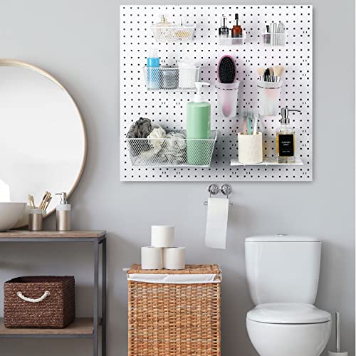 Sieral 30 Pcs Pegboard Organizer Accessories Kit Includes Peg Board Shelving Storage Basket Organizer Bins Hooks Loops Cup with Cup Holder for Garage Room Wall Attachments Tools(White, Clear, Silver)