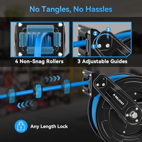 Retractable Air Hose Reel, 50 ft x 3/8 in Hybrid Air Hose (300PSI), Heavy Duty Compressor Hose Reel, Auto Rewind -Wall/Ceiling Mount for Workshops