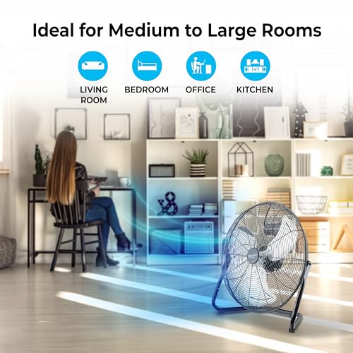 Comfort Zone 20-Inch High-Velocity Industrial Floor Fan, Heavy-Duty 3-Speed Metal Shop Fan with 180° Adjustable Tilt & Carry Handle, Quiet Vibration-Free Cooling for Garage, Workshop, & Home