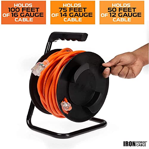 Iron Forge Cable Extension Cord Storage Reel, Metal Stand - Black