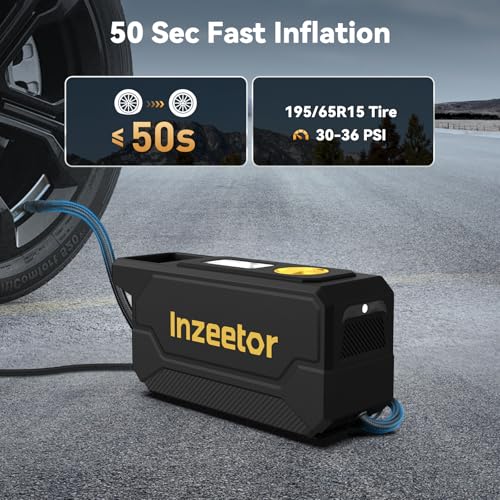 Inzeetor 150 PSI Tire Inflator Portable Air Compressor with Digital Pressure Gauge, 12V DC Auto Shutoff Air Pump Emergency LED Light for Car Tires, Bicycle & Balloons, Black