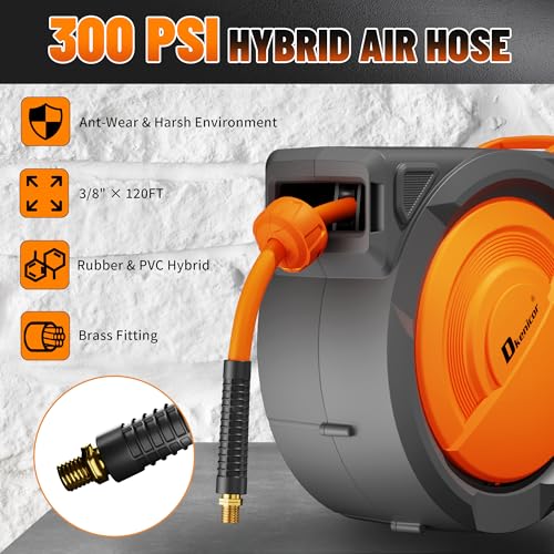 Dkenicor Retractable Air Hose Reel, 3/8" x 120ft Hybrid Hose, Auto Rewind Enclosed Air Compressor Hose Reel with 180° Swivel Bracket, Max 300 PSI Any Length Lock for Garage & Workshop