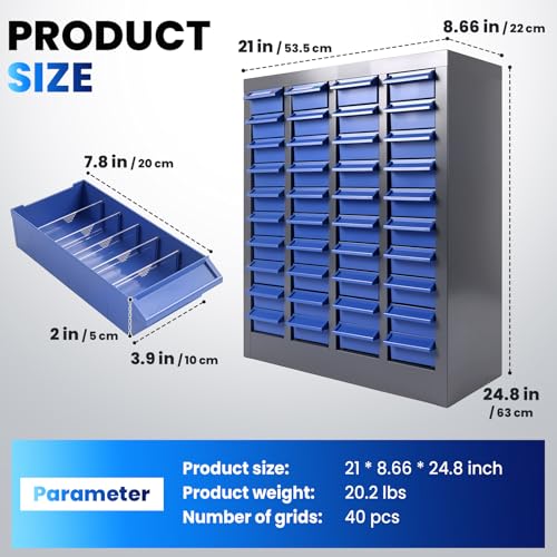 40 Drawers Bolt and Nut Tool Storage Cabinet with 200 Dividers & 80 Label Slots, Heavy-Duty Alloy Steel Parts Cabinet, ABS Drawers Bolt Bins Organizer for Hardware, Screws, in Workshop