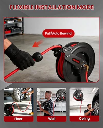 Retractable Air Hose Reel - 3/8" x 65 FT Hybrid Polymer Air Compressor Hose Reel, Heavy Duty Steel Dual Arm with 6.56 FT Lead-in, Max 300 PSI, Professional Grade Wall/Ceiling/Floor Mount