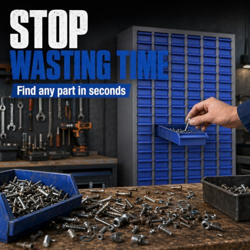 Heavy Duty Parts Cabinet, Alloy Steel Nut and Bolt Organizer with 100 Drawers & Dividers, Small Hardware Storage Cabinet 25.8x8.66x46 Inch for Workshop Garage Tool, Screw Fastener Organization, Blue
