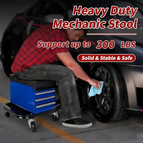 S.Walt Rolling Mechanic Stool with Wheels, Creeper Seat with 3 Built-in Tool Drawers, Side Tool Tray & Rear Bottle Tray for Shop & Work, Garage Use (14" L × 15" W × 15" H)