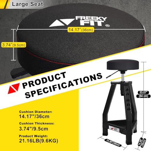 FreekyFit Adjustable Tall Shop Stool, Mechanic Garage Bar Stool Chair, Work Metal Chair for Workshop,360° Swivel Padded Seat, Tool Tray Storage, 350 LBS Capacity, Heavy Duty, Black