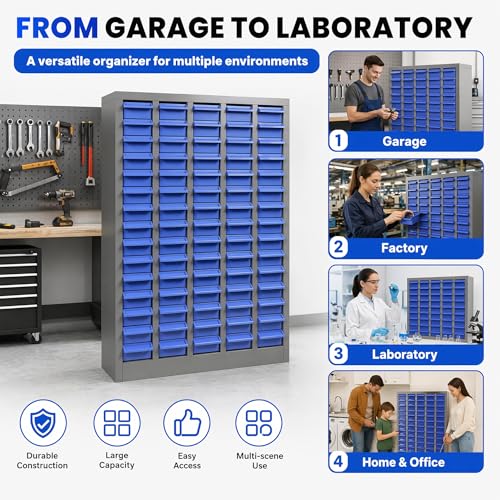 Small Parts Storage Cabinet, 75 Drawer Steel Bolt Nut Hardware Organizer with Dividers & Labels, Heavy Duty Garage Tool Storage Rack for Workshop Screw Fastener Organization