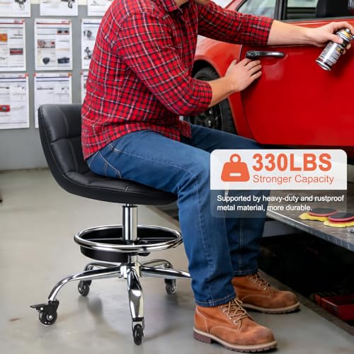 LWADALN Rolling Shop Stool Mechanics Rolling Chair with Backrest, Adjustable Height Heavy Duty Garage Stool with Footrest and Storage Tray, Swivel Task Chair for Workshop (Black-with Tool Tray)