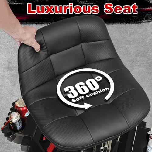 FREEKYROCK Rolling Stool with Wheels, Adjustable Height Pneumatic Garage Work Mechanic Stool Seat with Backrest, 400 LBS Capacity 360° Swivel Mechanic Crepper Chair with Tool Tray Storage, Black