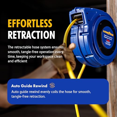 Goodyear Air Hose Reel Retractable 3/8" Inch x 50' Foot Hybrid Polymer Hose Max 300PSI Commerical Polypropylene Construction