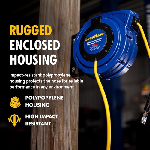 Goodyear Air Hose Reel Retractable 3/8" Inch x 50' Foot Hybrid Polymer Hose Max 300PSI Commerical Polypropylene Construction