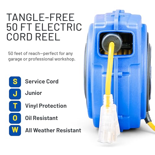 Goodyear Extension Cord Reel Retractable 16AWG x 50' Foot 3C/SJTOW Commercial Cable LED Triple Tap Connector Power 10A 125VAC 938W