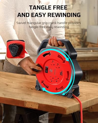 DEWENWILS 25FT Extension Cord Reel, Hand Wind Retractable Cord Reel