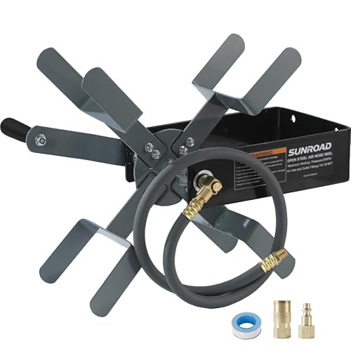 Manual Air Hose Reel with Hybrid Lead-in Hose, Heavy Duty Steel Wall Mount Hose Reel, Fits 100ft x 3/8" Hose, Hand Crank Hose Reel with 1/4" NPT 6-Ball Coupler, Brass Plug & Thread Seal Tape