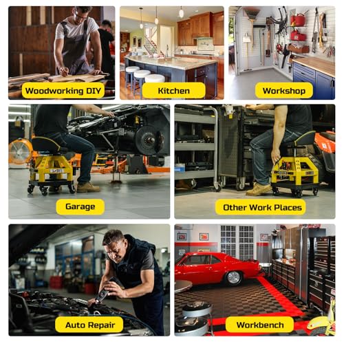 FreekyFit Rolling Shop Stool for Garage with Casters, DO02-Adjustable Height 360° Swivel Shop Seat with Tool Tray Storage, 330 LBS Capacity Padded Mechanic Stool, Magnetic Tool Hold, Heavy Duty,Yellow