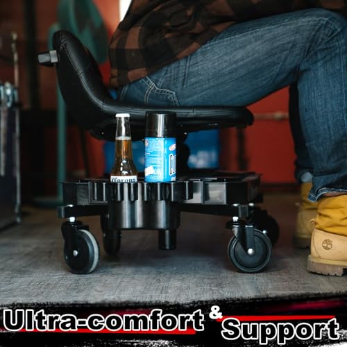 FREEKYROCK Rolling Stool with Wheels, Adjustable Height Pneumatic Garage Work Mechanic Stool Seat with Backrest, 400 LBS Capacity 360° Swivel Mechanic Crepper Chair with Tool Tray Storage, Black