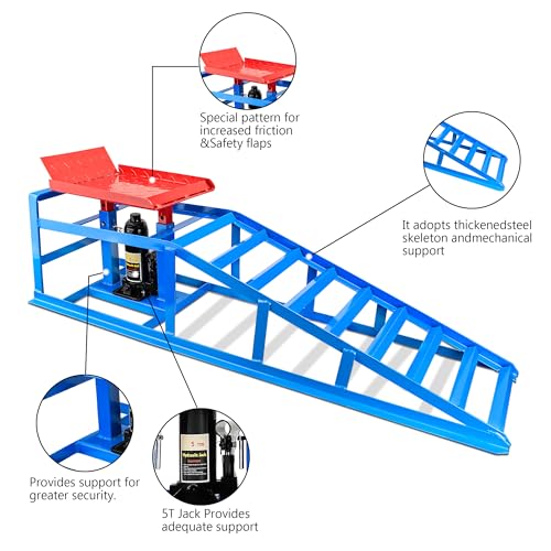 2PCS Hydraulic Car Ramps, 5T 11000lbs Heavy Duty Adjustable Steel Lift Ramps, Hydraulic Vehicle Ramps Lift Ramp for Oil Changes, Car Lifts for Home Garage, Vehicle Auto Garage Repair (Blue)