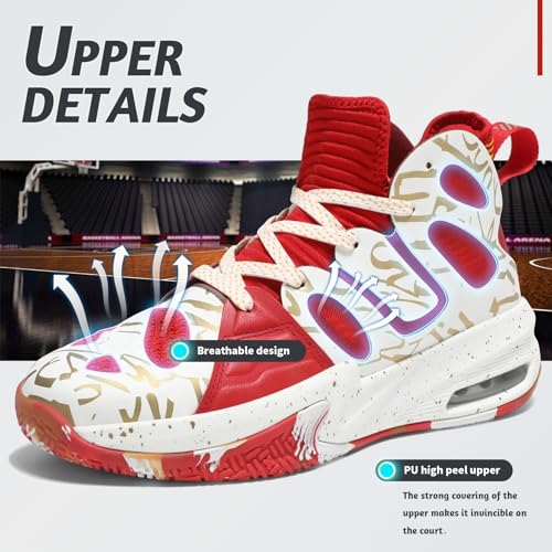 ASHION Mens Basketball Shoes Outdoor Sport Shoes Casual Air Cushioning Sneakers with Arch Support White Red US 9.5