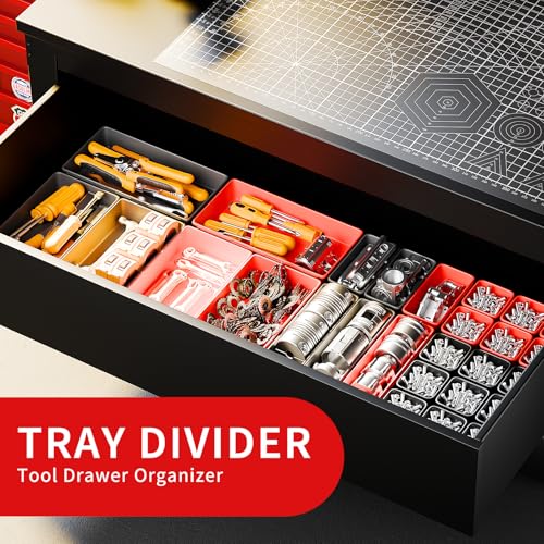 FLYVOLE 69 PCS & 5 Sizes Tool Box Organizer Trays, Black and Red