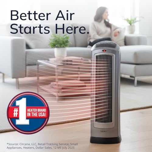 Lasko Oscillating Digital Ceramic Tower Heater for Home with Adjustable Thermostat, Timer and Remote Control, 23 Inches, 1500W, Silver, 755320