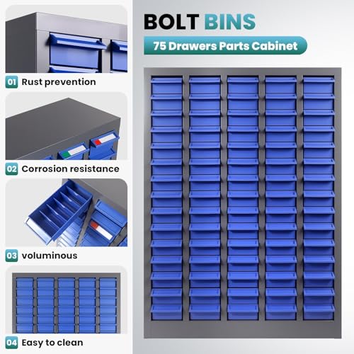 75 Drawers Parts Cabinet with Label Stickers, Nut and Bolt Organizer with ABS Material Drawers, Bolt Bin Storage Cabinet for Screws, Bolts, Nuts in Workshop, Garage, Office (75 Drawers)