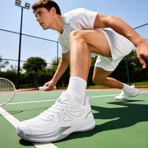 Sisttke Men's Badminton Pickleball Tennis Shoes White/Silver