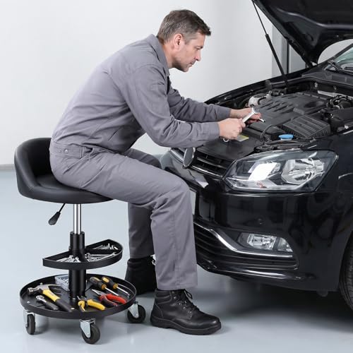 pofluany Rolling Shop Stool with Wheels, Garage Mechanic Stool with Backrest, Adjustable Height Shop Stools with Tool Tray, 300 lb Capacity Mechanic Chair for Garage, Workshop, Auto Repair Black