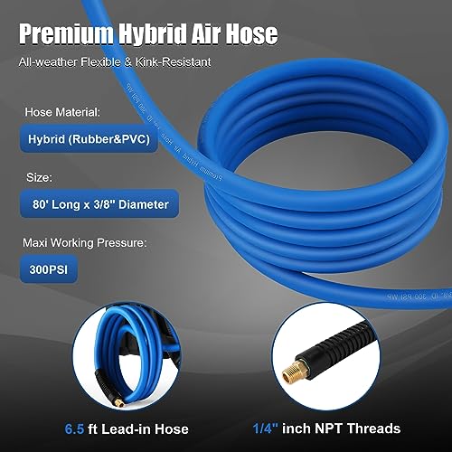 80FT + 6.5FT Retractable Air Hose Reel, Wall Mount Pneumatic Hose Reel for Garage Workshop, Automatic Rewind, 3/8" x 80' Hybrid Air Hose with Brass Fittings + Bend Restrictors, 300PSI