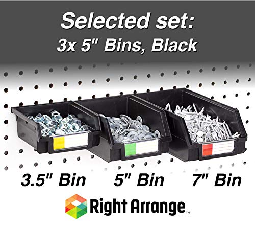 Right Arrange Pegboard Bins - 3 Pack Black Large - Hooks to Any Peg Board - Organize Hardware, Accessories, Attachments, Workbench, Garage Storage, Craft Room, Tool Shed, Hobby Supplies, Small Parts