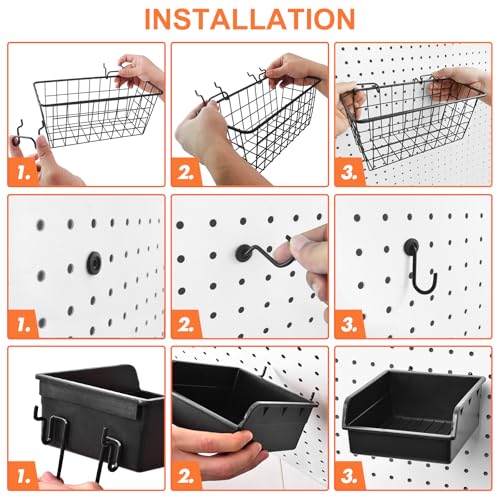 Pegboard Basket Organizers, 42Pack Peg Board Baskets Hooks Bins Cups(Black)