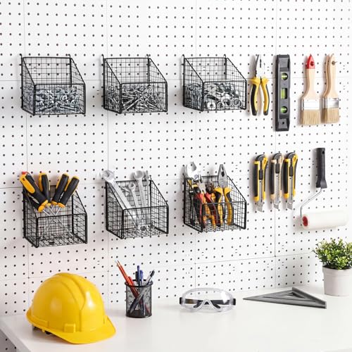LOYIM 6 Pcs Black Pegboard Baskets Kit Metal Wire Peg Board Shelf Baskets Pegboard Organizer Accessories Bin Set Wall Mount Storage Attachments for Tool Storage Craft Room Garage Small Parts Workbench